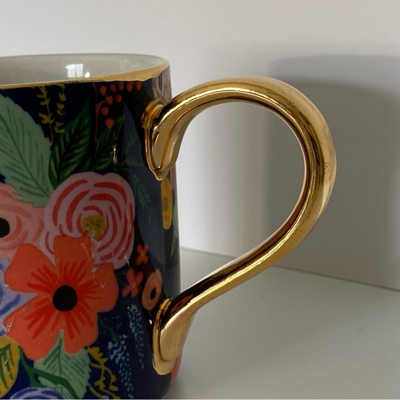 Rifle Paper Co. for Anthropologie Mug “D” Floral Gold Handle Trim Coffee Blue - Picture 4 of 16